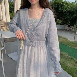 Glitter Cardigan / Midi A-line Mesh Skirt / Spaghetti Strap Knit Top