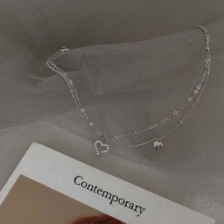 Rhinestone Heart Layered Anklet Double Layer Love Heart Anklet - One Size