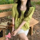 Puff-sleeve Lace Panel Blouse Green - One Size