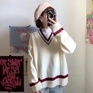 Contrast Trim V-neck Sweater Off-white - One Size