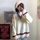Contrast Trim V-neck Sweater Off-white - One Size