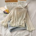 Pompom-accent Lace-trim Sheer Lace Cardigan