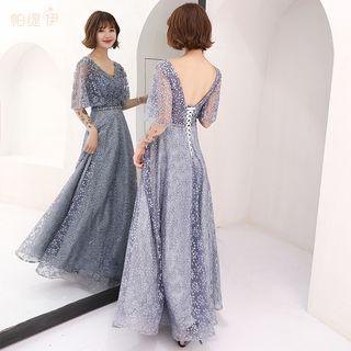 V-neck Floral Lace A-line Evening Gown