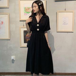 Short-sleeve V-neck Button-up Midi A-line Dress Black - One Size