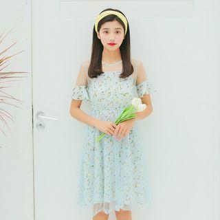 Floral Print Mesh Overlay Short Sleeve Dress