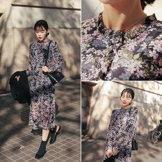 Frill-trim Tie-waist Floral Long Dress One Size