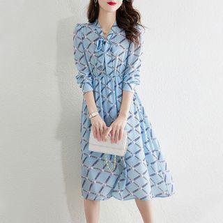 Long-sleeve Tie-neck Print Midi A-line Dress