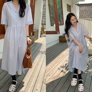 Notch-collar Long Shirtdress Blue - One Size