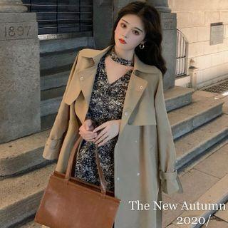 Flower Print Long-sleeve Midi A-line Dress / Double-breasted Midi Trench Coat