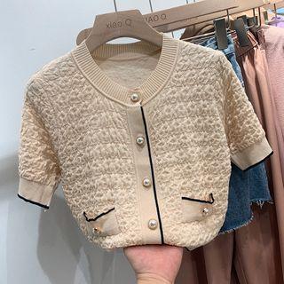 Faux Pearl Button Short-sleeve Cropped Knit Cardigan