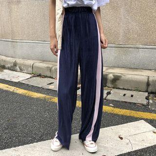 Two-tone Wide-leg Pants Navy Blue - One Size