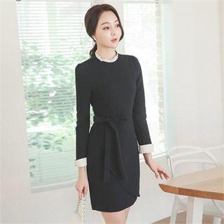 Frill-neck Contrast-cuff Sheath Dress With Sash