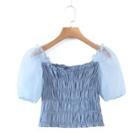 Puff-sleeve Mesh Panel Crinkle Top