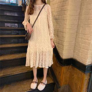 Set: Lace Long-sleeve Midi Shift Dress + Slipdress