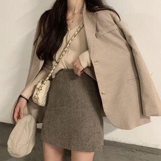 Button Blazer / V-neck Knit Top / Mini A-line Skirt