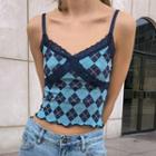 Lace Panel Argyle Print Cropped Camisole Top