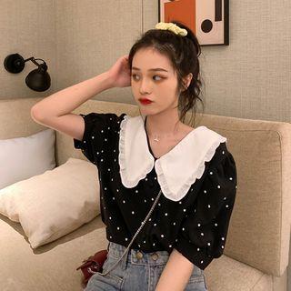 Frilled Collared Short-sleeve Doted Top