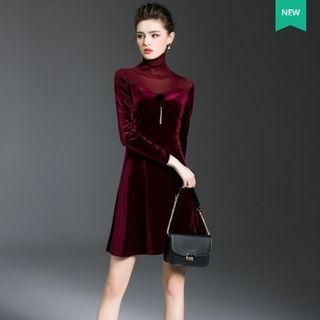 Mock-turtleneck Long-sleeved A-line Plain Panel Mesh Sheath Dress
