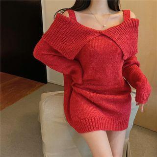 Cold-shoulder Plain Mini Sweater Dress Red - One Size