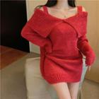 Cold-shoulder Plain Mini Sweater Dress Red - One Size