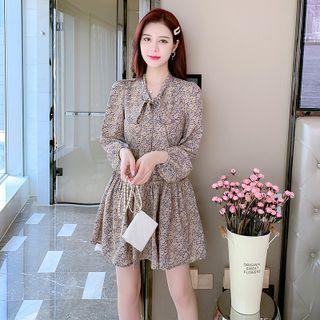 Long-sleeve Tie-neck Floral Print Chiffon Dress