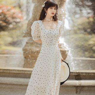 Short-sleeve Square Neck Polka Dot Maxi Dress