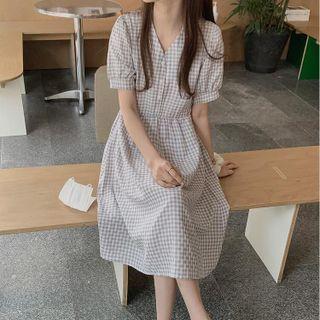 V-neck Gingham Midi A-line Dress