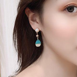 Faux Pearl Wooden Disc Dangle Earring