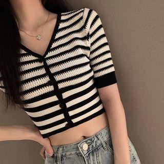 Striped Short-sleeve Cropped Cardigan As Shown In Figure - One Size