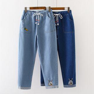 Drawstring-waist Rabbit Embroidered Cropped Jeans