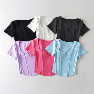 Short-sleeve Notch Neck Plain T-shirt
