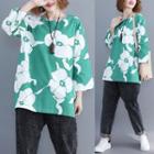 3/4-sleeve Floral Print T-shirt Green - One Size