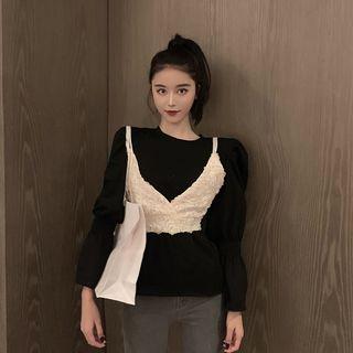 Shirred-sleeve T-shirt / Lace Camisole Top