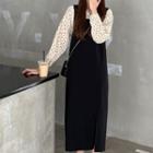 Puff-sleeve Blouse / Spaghetti Strap A-line Velvet Dress
