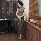 Cap Sleeve Flower Print Maxi Qipao