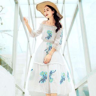 Flower Embroidered Cold Shoulder Midi A-line Dress