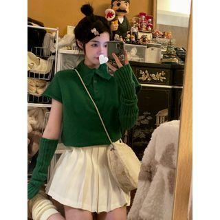 Set: Short-sleeve Polo-neck Knit Top + Oversleeves Set Of 2 - Knit Top & Oversleeves - Green - One Size