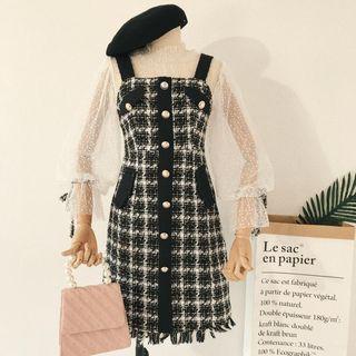 Set: Balloon-sleeve Mesh Top + Tweed Jumper Dress