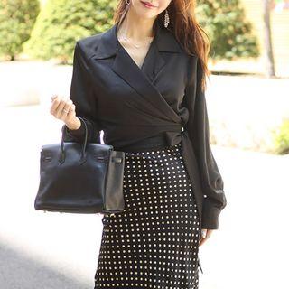 Set: Tie Waist Blouse + Dotted Midi Straight-fit Skirt