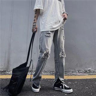 Checkerboard Patchwork Distressed Straight Leg Jeans