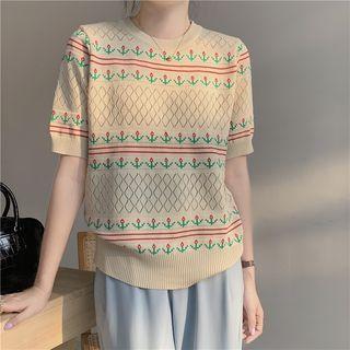 Round Neck Floral Jacquard Eyelet Knit Top