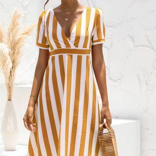 Stripe Print V-neck Short-sleeve Mini A-line Dress