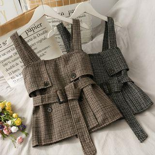 Double-breasted Checker Crop Top With Belt
