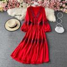 V-neck Embroidered Puff Sleeve Maxi Dress
