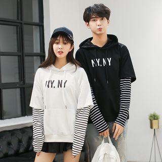 Couple Matching Striped Panel Lettering Hoodie
