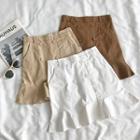 Plain Double-breasted High-waist Ruffled-trim A-line Skirt