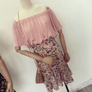 Printed Off-shoulder Short-sleeve Mermaid Chiffon Dress