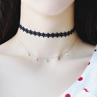 18k Gold Plated Copper Rhinestone Layered Choker Black - One Size