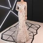 Off-shoulder Long-sleeve Sequined Sheath Evening Gown