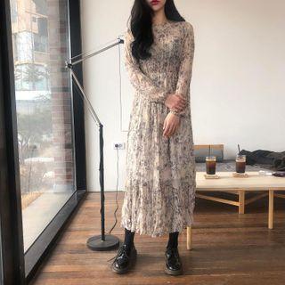 Floral Print Long-sleeve Midi A-line Crinkle Dress Dark Blue - One Size